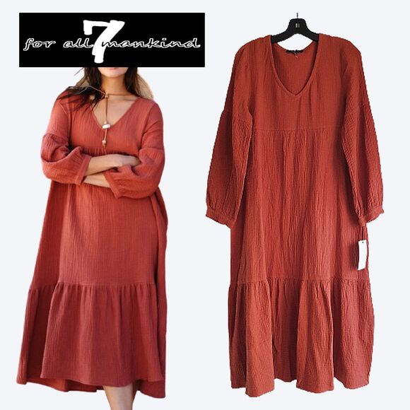 7 For All Mankind NEW Prairie Boho Tiered V-Neck Maxi Dress S - Picture 1 of 11